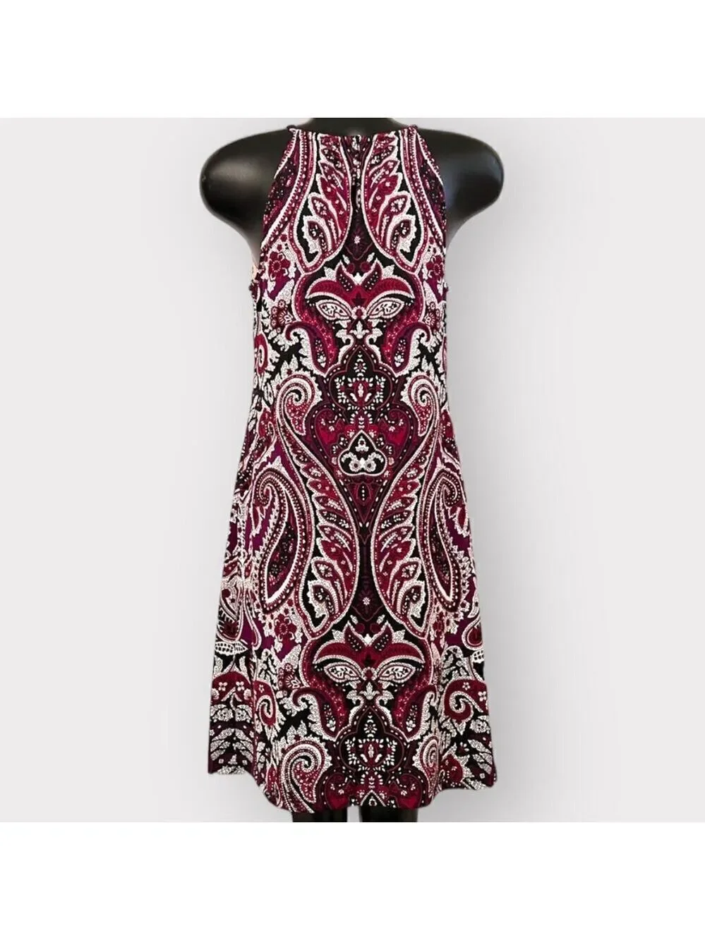 INC Womens Jewel Neck Mini Shift Dress with Bling sz M Black Burgundy Paisley - Picture 2 of 7
